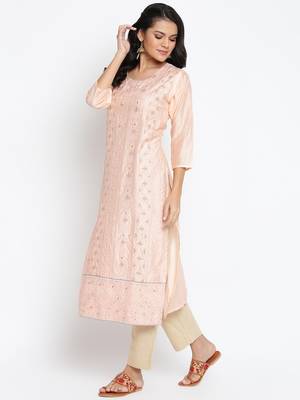 Peach Chanderi Silk Embroidered Semi-Stitched Kurti 3