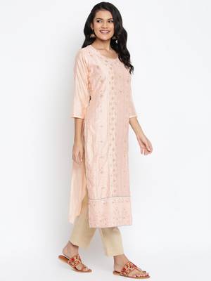 Peach Chanderi Silk Embroidered Semi-Stitched Kurti 4
