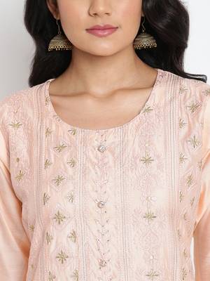 Peach Chanderi Silk Embroidered Semi-Stitched Kurti 5