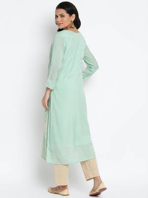 Green Muslin Embroidered Semi-Stitched Kurti 2