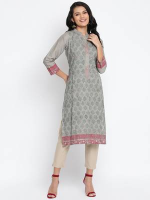 Grey Cotton Printed  Semi Stitched Kurti 1