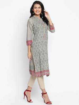 Grey Cotton Printed  Semi Stitched Kurti 3