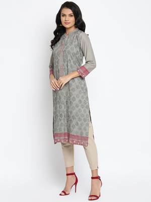 Grey Cotton Printed  Semi Stitched Kurti 4