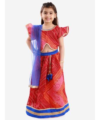 Red Bhandhani Print Flutter Sleeves Choli With Lehenga and Dupatta 1
