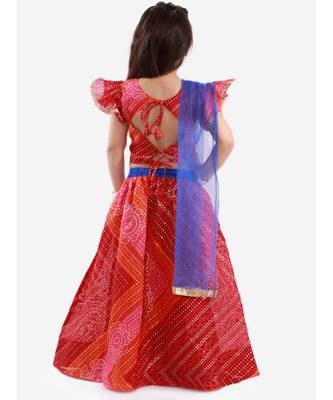 Red Bhandhani Print Flutter Sleeves Choli With Lehenga and Dupatta 2