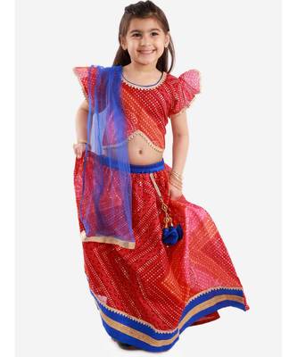 Red Bhandhani Print Flutter Sleeves Choli With Lehenga and Dupatta 3