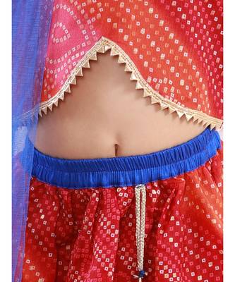 Red Bhandhani Print Flutter Sleeves Choli With Lehenga and Dupatta 4