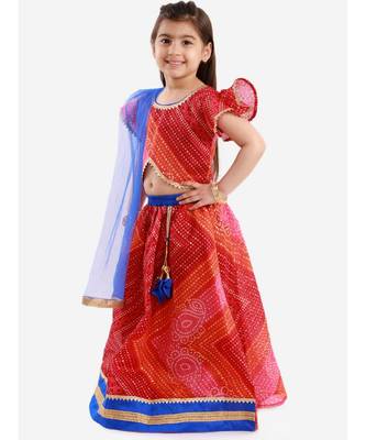 Red Bhandhani Print Flutter Sleeves Choli With Lehenga and Dupatta 5