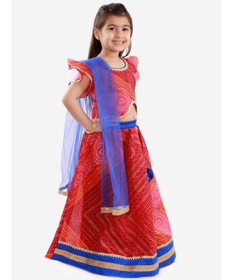 Red Bhandhani Print Flutter Sleeves Choli With Lehenga and Dupatta 6
