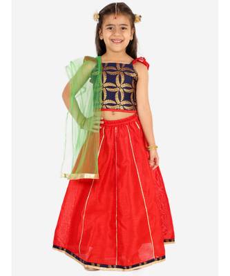 Navy/Red Frill Sleeves Lehenga Choli Dupatta With Mang Tikka 1