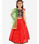 Navy/Red Frill Sleeves Lehenga Choli Dupatta With Mang Tikka