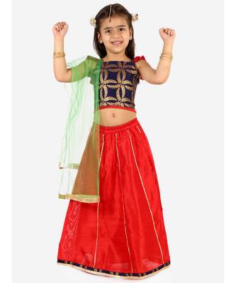 Navy/Red Frill Sleeves Lehenga Choli Dupatta With Mang Tikka 2