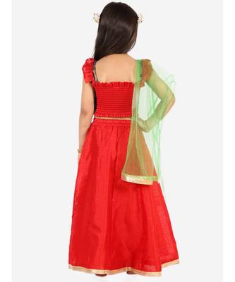 Navy/Red Frill Sleeves Lehenga Choli Dupatta With Mang Tikka 4