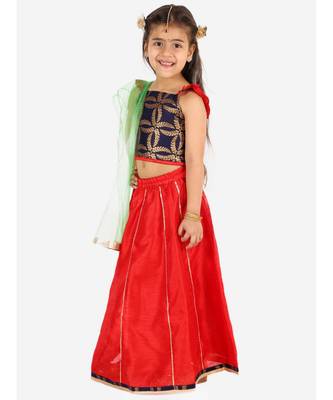 Navy/Red Frill Sleeves Lehenga Choli Dupatta With Mang Tikka 6
