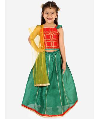 Red/Green Frill Sleeves Lehenga Choli Dupatta With Mang Tikka 1