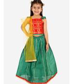 Red/Green Frill Sleeves Lehenga Choli Dupatta With Mang Tikka