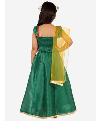 Red/Green Frill Sleeves Lehenga Choli Dupatta With Mang Tikka 2