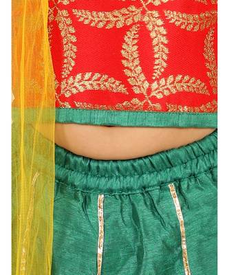 Red/Green Frill Sleeves Lehenga Choli Dupatta With Mang Tikka 3