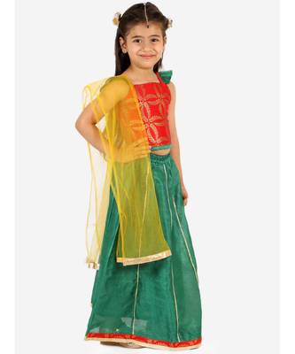 Red/Green Frill Sleeves Lehenga Choli Dupatta With Mang Tikka 4