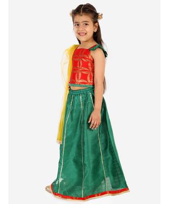 Red/Green Frill Sleeves Lehenga Choli Dupatta With Mang Tikka 5