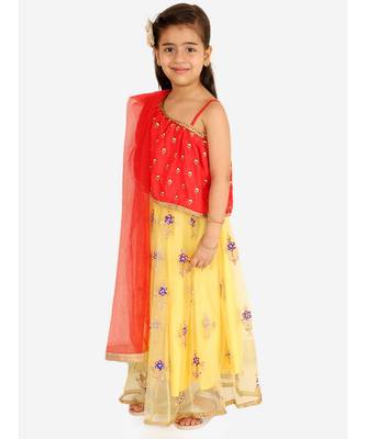 Red/Yellow Embroidered net lehenga choli 3