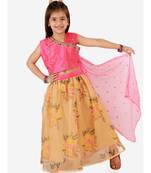 Pink Embroidered Choli With Net Dupatta With Printed Lehenga