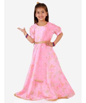 Light Pink Princess Floral Gown With Belt And Sequins Dupatta 1