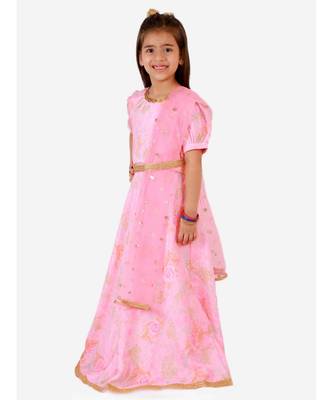 Light Pink Princess Floral Gown With Belt And Sequins Dupatta 3