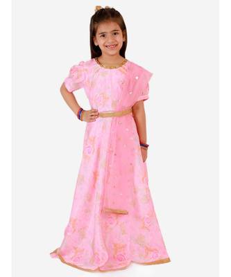 Light Pink Princess Floral Gown With Belt And Sequins Dupatta 4
