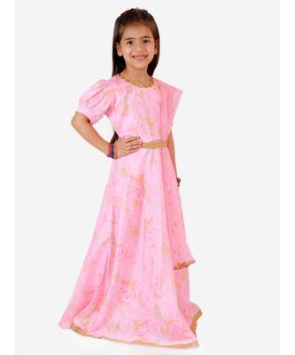 Light Pink Princess Floral Gown With Belt And Sequins Dupatta 5
