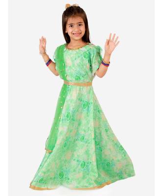 Mint Green Princess Floral Gown With Belt And Sequins Dupatta 1
