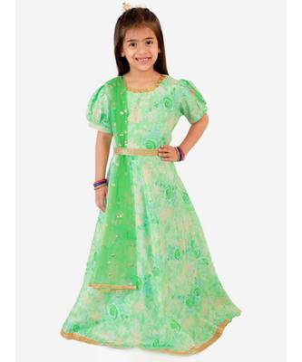 Mint Green Princess Floral Gown With Belt And Sequins Dupatta 4