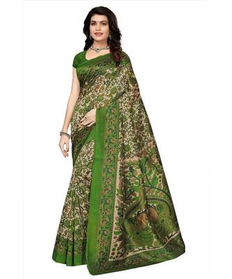 Green & Beige Art Silk Printed Saree with Blouse Piece 1