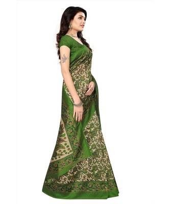 Green & Beige Art Silk Printed Saree with Blouse Piece 4