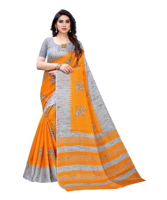 Mustard & Grey Khadi Printed Saree with Blouse Piece 1