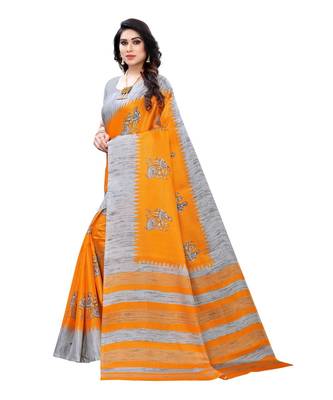 Mustard & Grey Khadi Printed Saree with Blouse Piece 3
