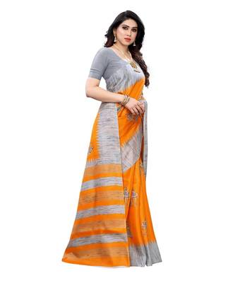 Mustard & Grey Khadi Printed Saree with Blouse Piece 4