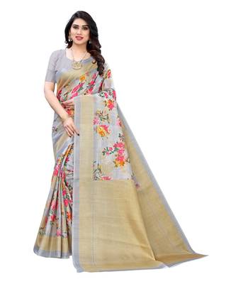 Grey & Pink Khadi Printed Saree with Blouse Piece 1