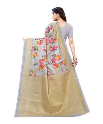 Grey & Pink Khadi Printed Saree with Blouse Piece 2