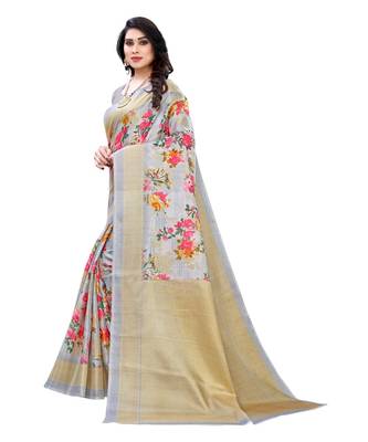 Grey & Pink Khadi Printed Saree with Blouse Piece 3