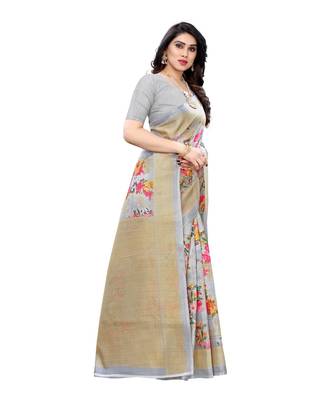 Grey & Pink Khadi Printed Saree with Blouse Piece 4