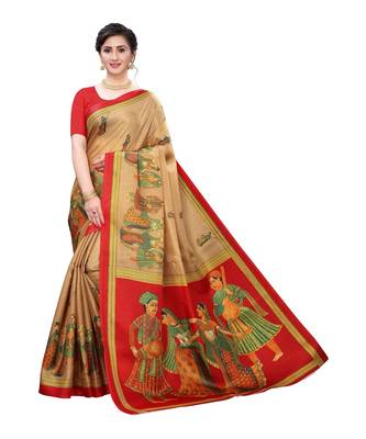 Beige & Red Khadi Printed Saree with Blouse Piece 1