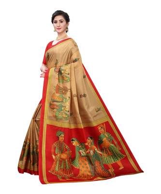 Beige & Red Khadi Printed Saree with Blouse Piece 3