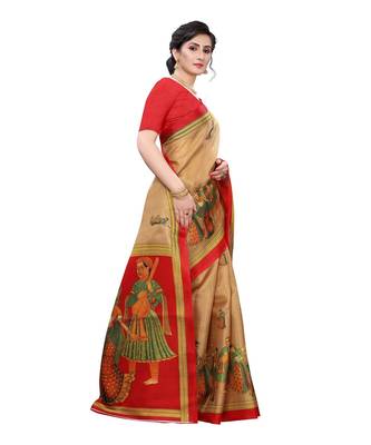 Beige & Red Khadi Printed Saree with Blouse Piece 4
