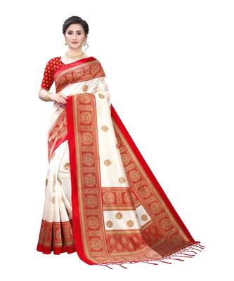 White & Red Art Silk Printed Saree with Blouse Piece 1