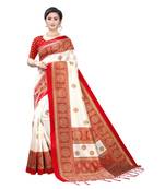 White & Red Art Silk Printed Saree with Blouse Piece