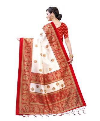 White & Red Art Silk Printed Saree with Blouse Piece 2