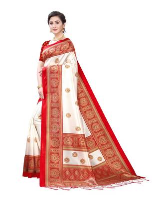 White & Red Art Silk Printed Saree with Blouse Piece 3