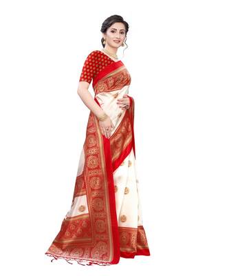 White & Red Art Silk Printed Saree with Blouse Piece 4