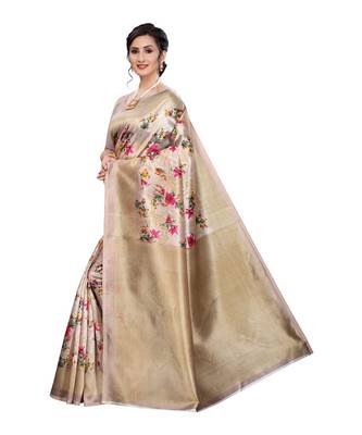 Beige Khadi Printed Saree with Blouse Piece 3